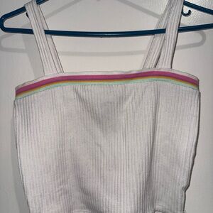 White Ribbed Tank Top with Rainbow Trim